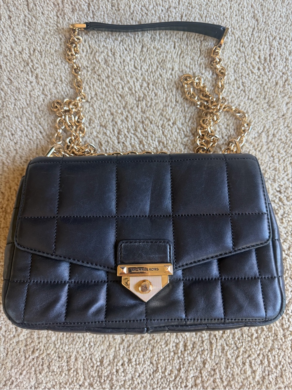 Michael Kors Black Quilted Leather Shoulder Bag with Gold Chain